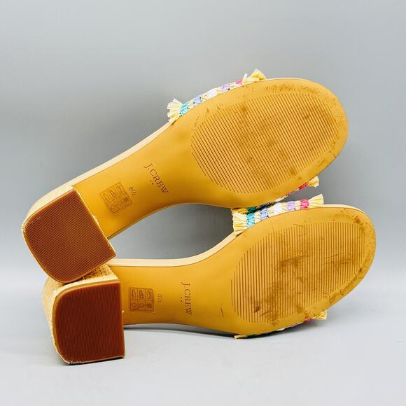 J Crew Sandals Womens 8.5 Beige Woven Slide Open Toe Block Heel Raffia Fringe - Picture 8 of 11